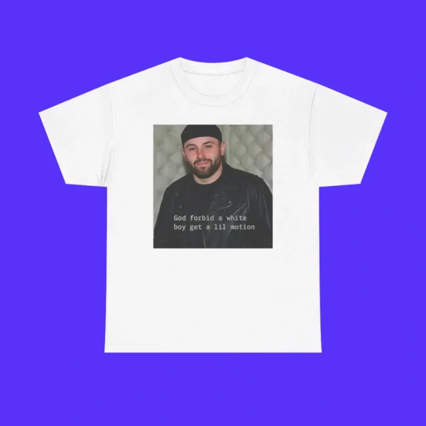The God Forbid A White Boy Get A Lil Motion Shirt is a trendy graphic tee featuring a man in a black jacket and beanie with bold text on a vivid purple background.