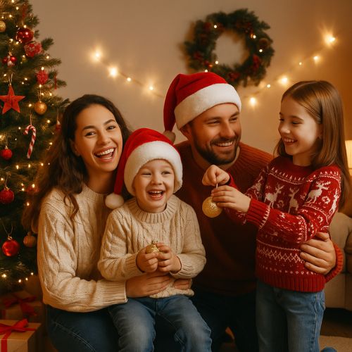 A smiling family wearing festive sweaters and Santa hats sits by a decorated Christmas tree, with twinkling lights and a wreath in the background. The children hold ornaments, ready to decorate.