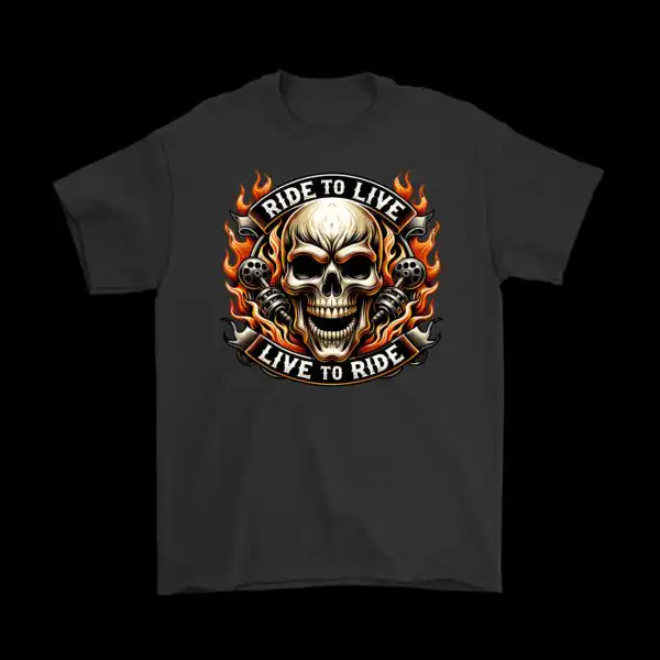 Biker T-Shirt: Motorcycle Piston Skull & Flames Graphic Tee