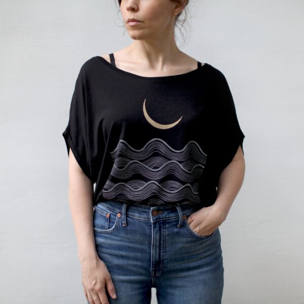 Black Bamboo Dolman Top – Nautical Moon Print Off-Shoulder Tee