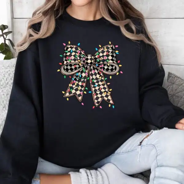 Checkered Coquette Christmas Sweatshirt – Cozy Holiday Gift For Her