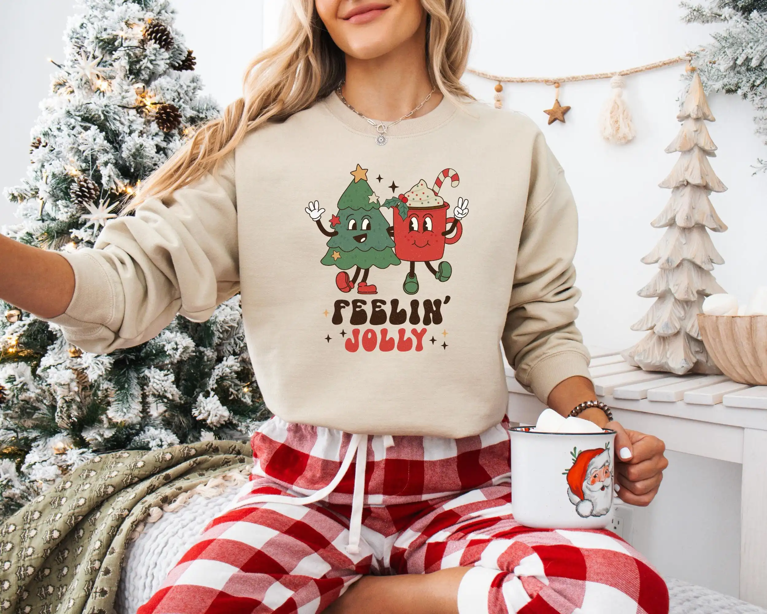 Feeling Jolly Holiday Sweatshirt – Cute Santa Graphic Cozy Top Feeling Jolly Holiday Sweatshirt – Cute Santa Graphic Cozy Top