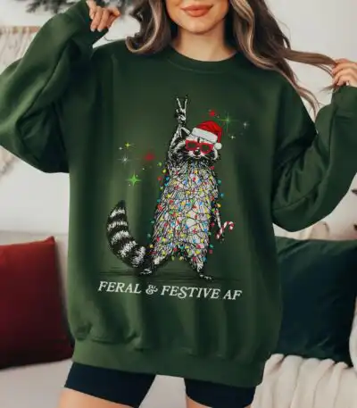 Feral & Festive Raccoon Sweatshirt – Funny Ugly Christmas Top