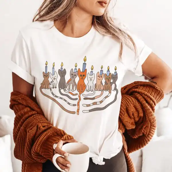 Funny Hanukkah Cat Menorah Shirt – Adorable Holiday Gift Tee
