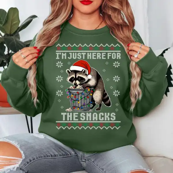 Funny Raccoon Christmas Sweatshirt – Cozy Snack Lover Crewneck