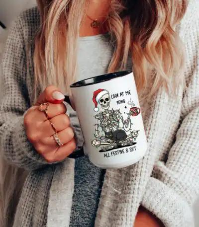 Funny Skeleton Christmas Mug – Gothic Holiday Coffee Cup Gift