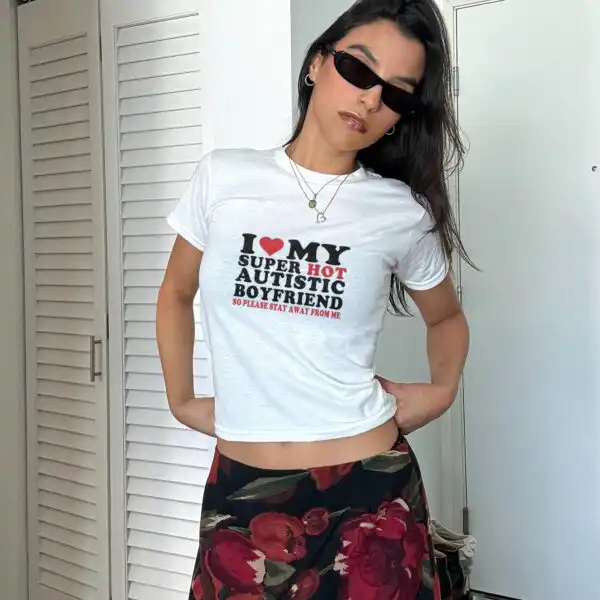 I love my autistic boyfriend vintage summer crop top tee