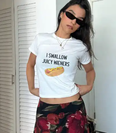 I swallow juicy wieners baby tee – Retro Y2K graphic crop top
