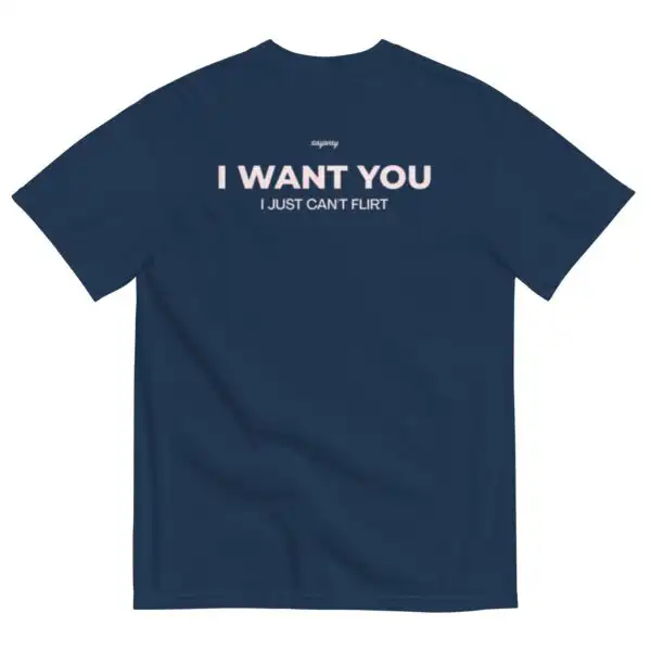 I want you, I just can't flirt tee – Bold blue graphic shirt