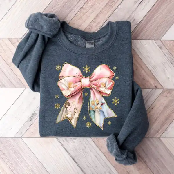 Jesus Christmas Coquette Bow Sweatshirt - Pink Glitter Bow Design