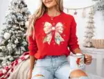 Jesus Christmas Coquette Bow Sweatshirt - Pink Glitter Bow Design