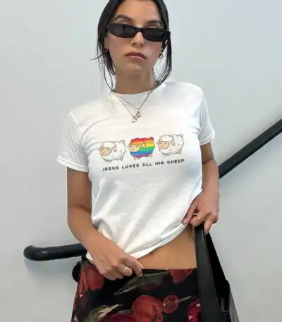 Jesus Loves All His Sheep Tee – Queer Faith Crop Top for Women