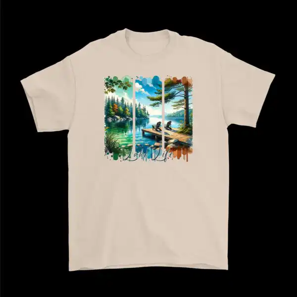 Lake Life Watercolor T-Shirt – Adirondack Chairs on Dock