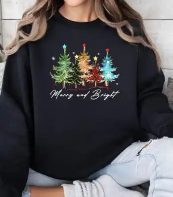 Merry and Bright Trees Sweatshirt - Women's Holiday Hoodie Gift