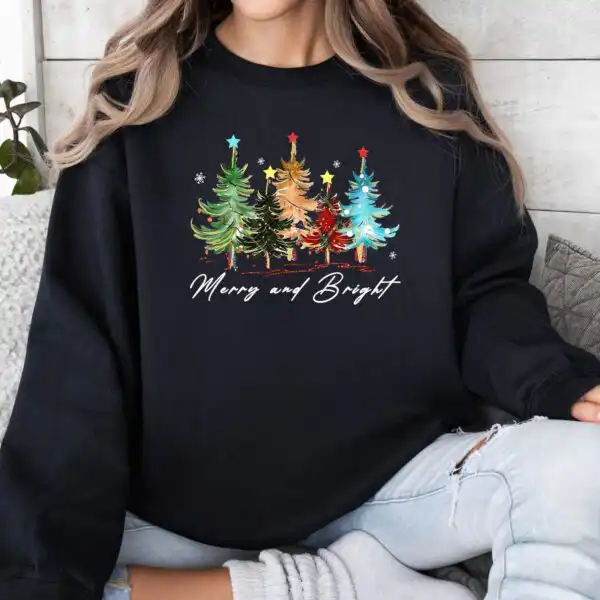 Merry and Bright Trees Sweatshirt - Women's Holiday Hoodie Gift