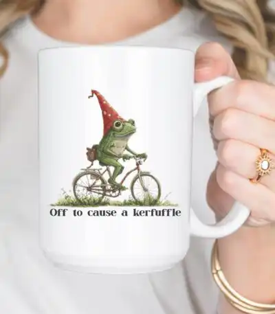 Off to Cause a Kerfuffle Frog Mug – Funny Ceramic Coffee Cup