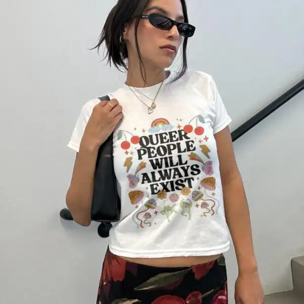 Queer People Will Always Exist Baby Tee – Retro Pride Crop Top