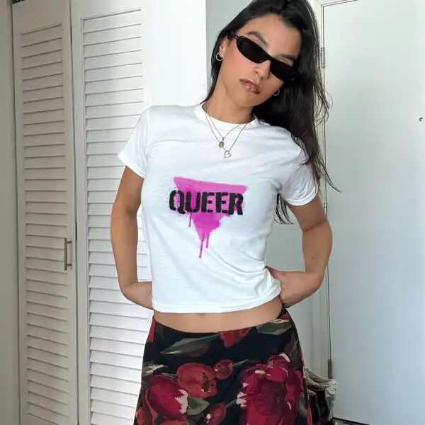 Queer Pink Triangle Baby Tee – Y2K Punk Graphic Crop Top