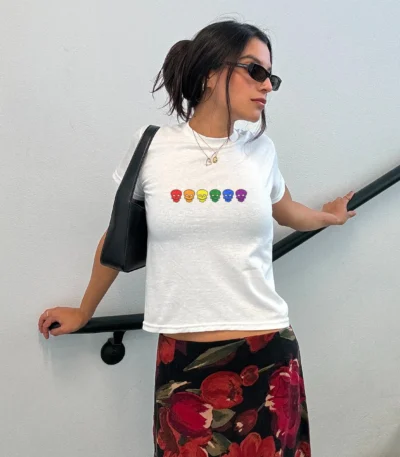 Rainbow Skulls Baby Tee – Cute Goth Pride Crop Shirt
