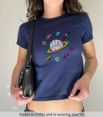 Retro Rainbow Planets Baby Tee – Cute Cosmic Pride Crop Top