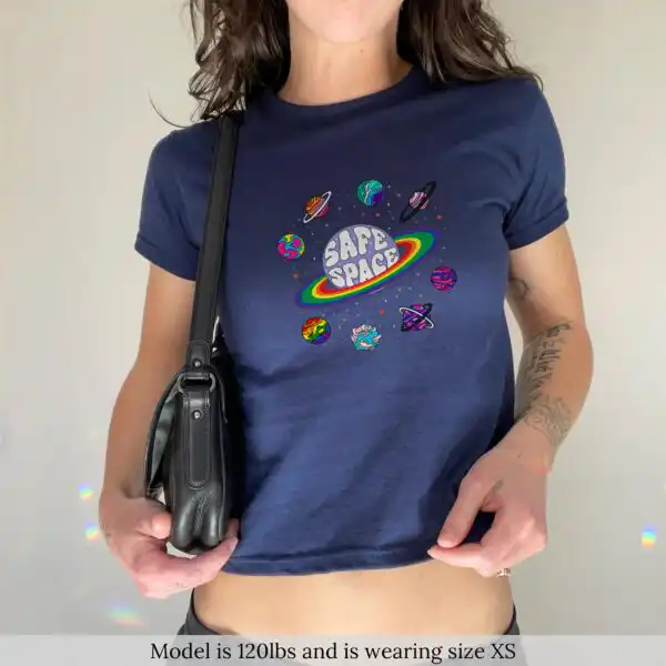 Retro Rainbow Planets Baby Tee – Cute Cosmic Pride Crop Top