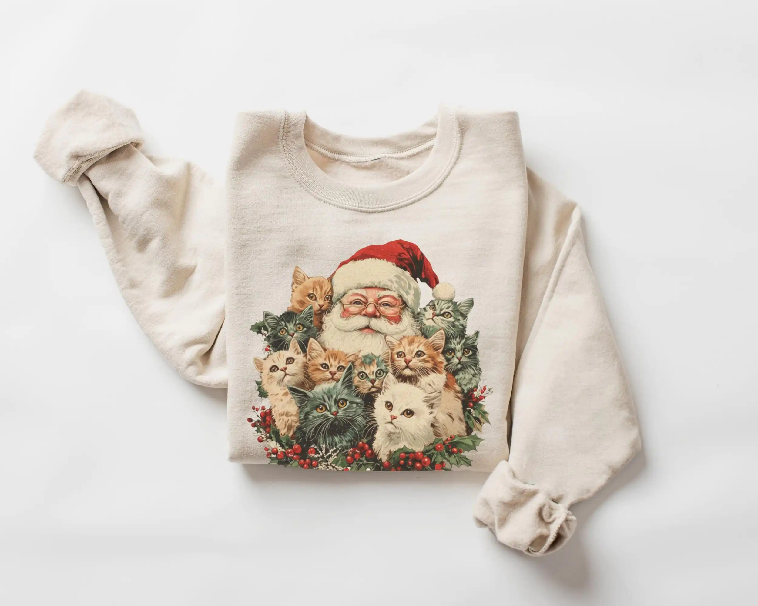 Retro Santa and Kittens Sweatshirt – Cute 90s Cat Lover Gift Retro Santa and Kittens Sweatshirt – Cute 90s Cat Lover Gift