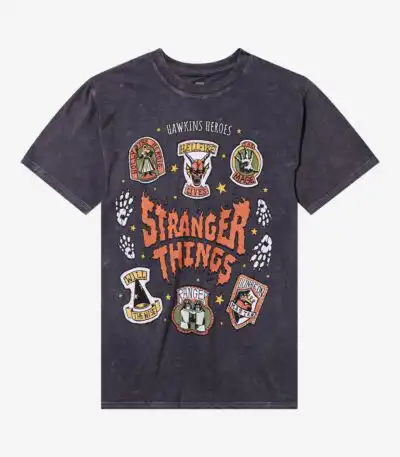 Stranger Things Badge Icons Tee – Dark Wash Graphic Shirt