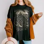 Wolf and Stag Linocut Tee – Norse Forest Graphic Shirt