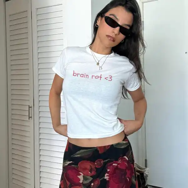 Y2K Brainrot Baby Tee – Funny 90s Graphic Shirt for Women