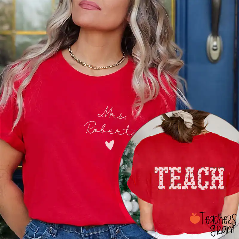 Personalized Name Valentine's Day Heart Teacher Tee – Soft Cotton Shirt Personalized Name Valentine's Day Heart Teacher Tee – Soft Cotton Shirt