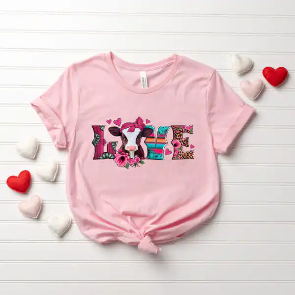 Valentine's Day Cow Love Shirt – Cute Heart Graphic Tee for Women