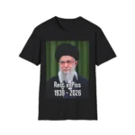 Black t-shirt with portrait graphic and text “Rest in Pss 1939–2026” on the front.