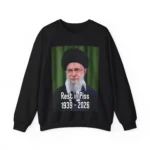 Black sweatshirt with portrait graphic and text “Rest in Pss 1939–2026” on the front.