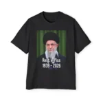 Black t-shirt mockup with portrait graphic and text “Rest in Pss 1939–2026.”