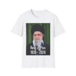 White t-shirt with portrait graphic and text “Rest in Pss 1939–2026” on the front.