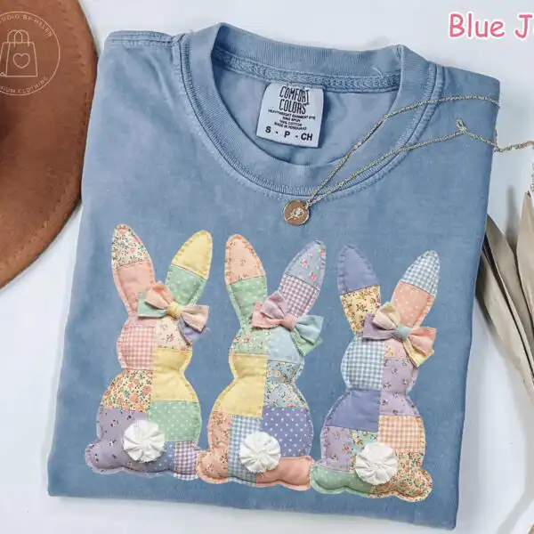 Comfort Colors® Faux Patchwork Bunny Shirt - Vintage Easter Tee for Women