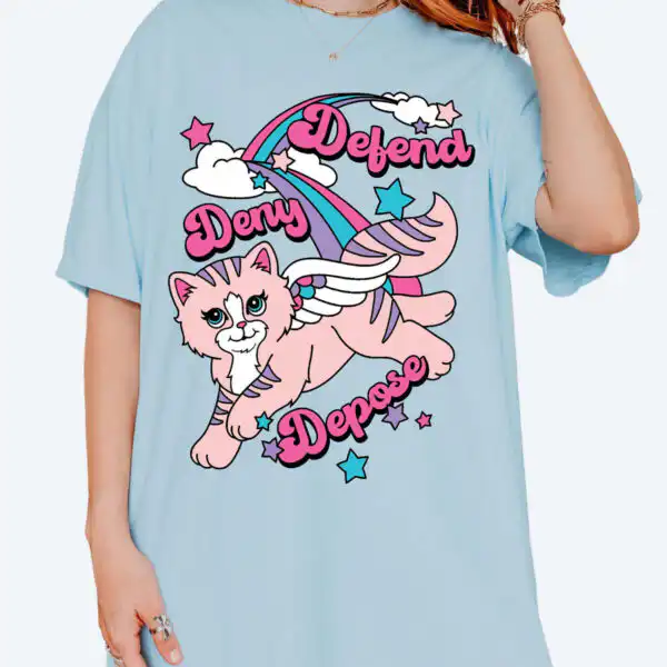 Defend Deny Depose Kitty Graphic Tee - Vintage Oversized Statement Shirt