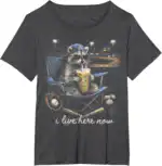 Funny Raccoon Baseball Iced Coffee Lover I Live Here Now Shirt