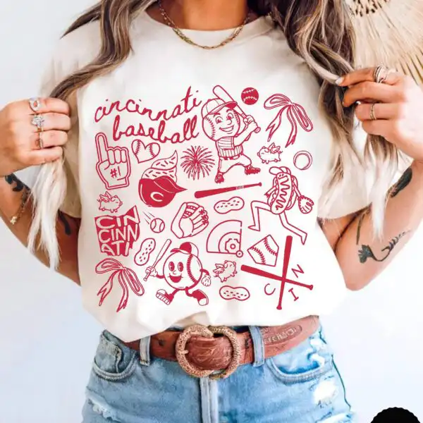 Girly Cincinnati Baseball Game Day Doodle Shirt