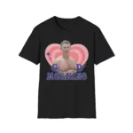 Black crew neck t-shirt featuring a shirtless man graphic with a pink heart and "GOOD MORNING" text.