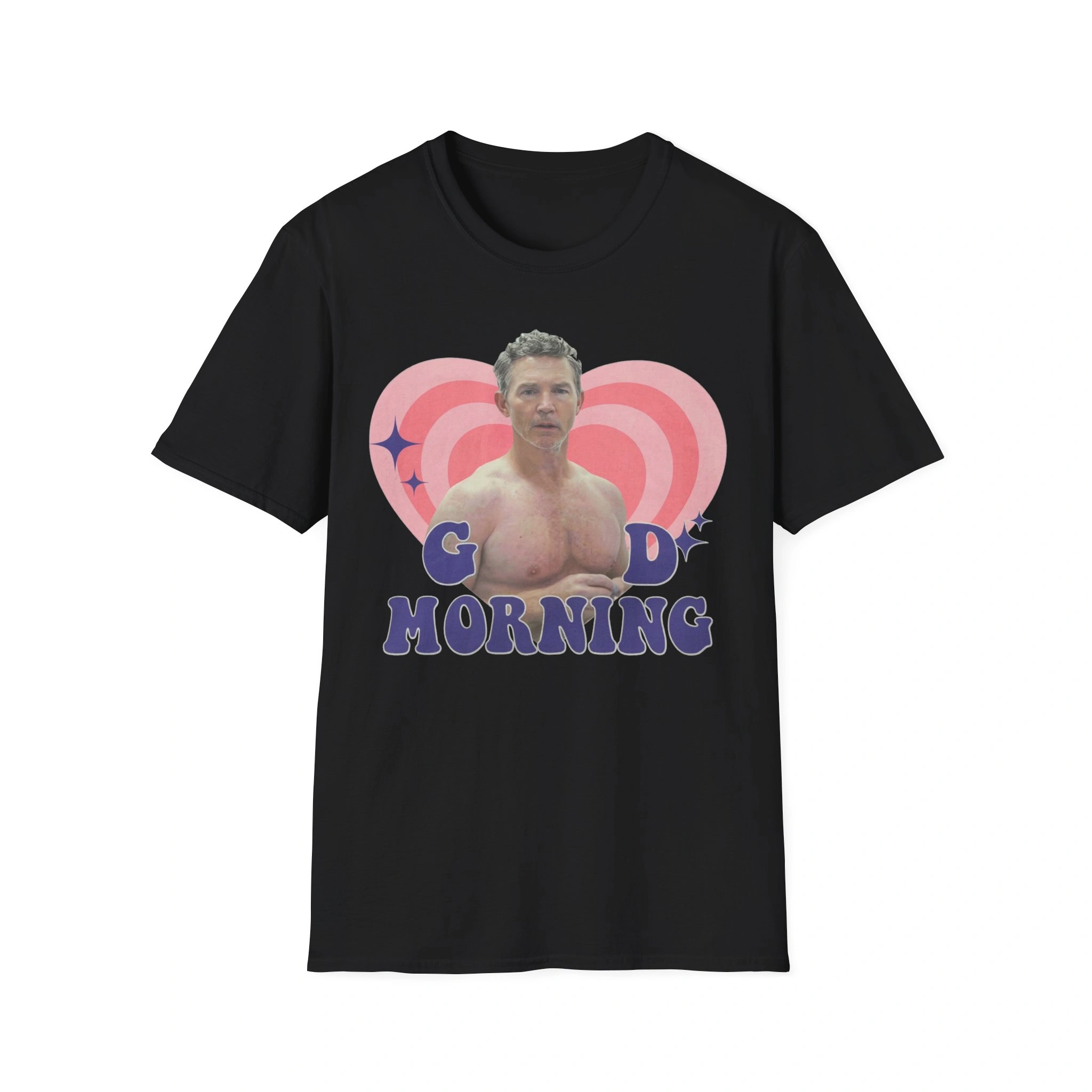 good-morning-dr-jack-abbot-shirt Black crew neck t-shirt featuring a shirtless man graphic with a pink heart and "GOOD MORNING" text.