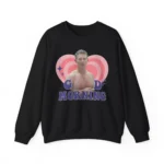 Black crew neck sweatshirt with a retro "G D MORNING" shirtless man heart graphic.