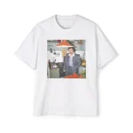 White t-shirt mockup with Harry Styles kitchen photo graphic on the chest.