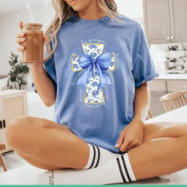 He Is Risen Blue Chinoiserie Coquette Bow Easter Shirt