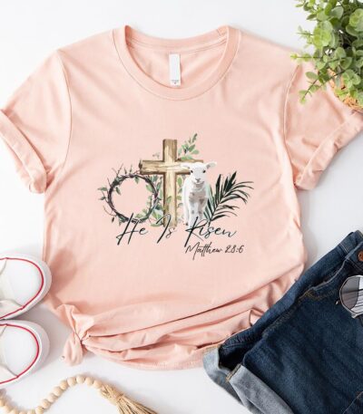 He Is Risen Easter Wood Cross and Lamb Christian Shirt