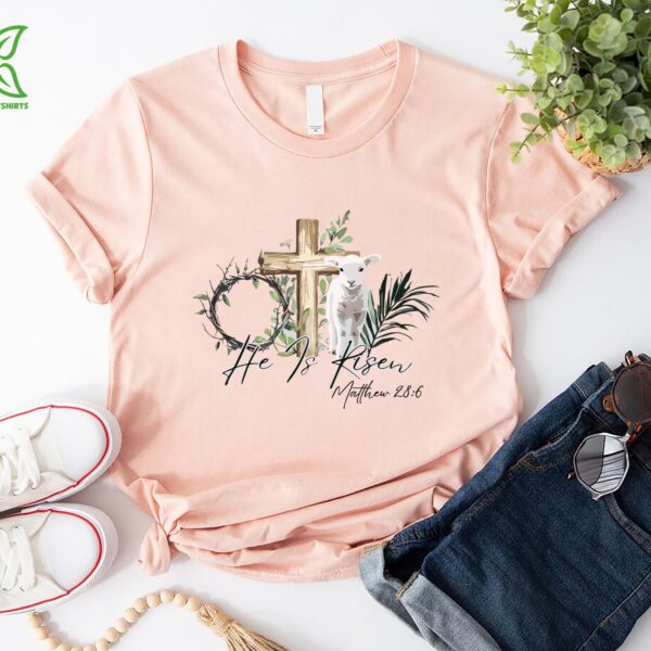 He Is Risen Easter Wood Cross and Lamb Christian Shirt