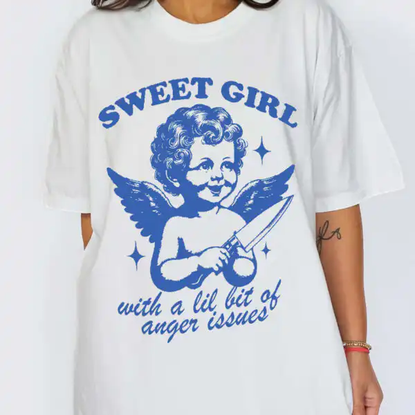 Sweet Girl With Anger Issues Tee – Oversized Cherub Knife Graphic Tee