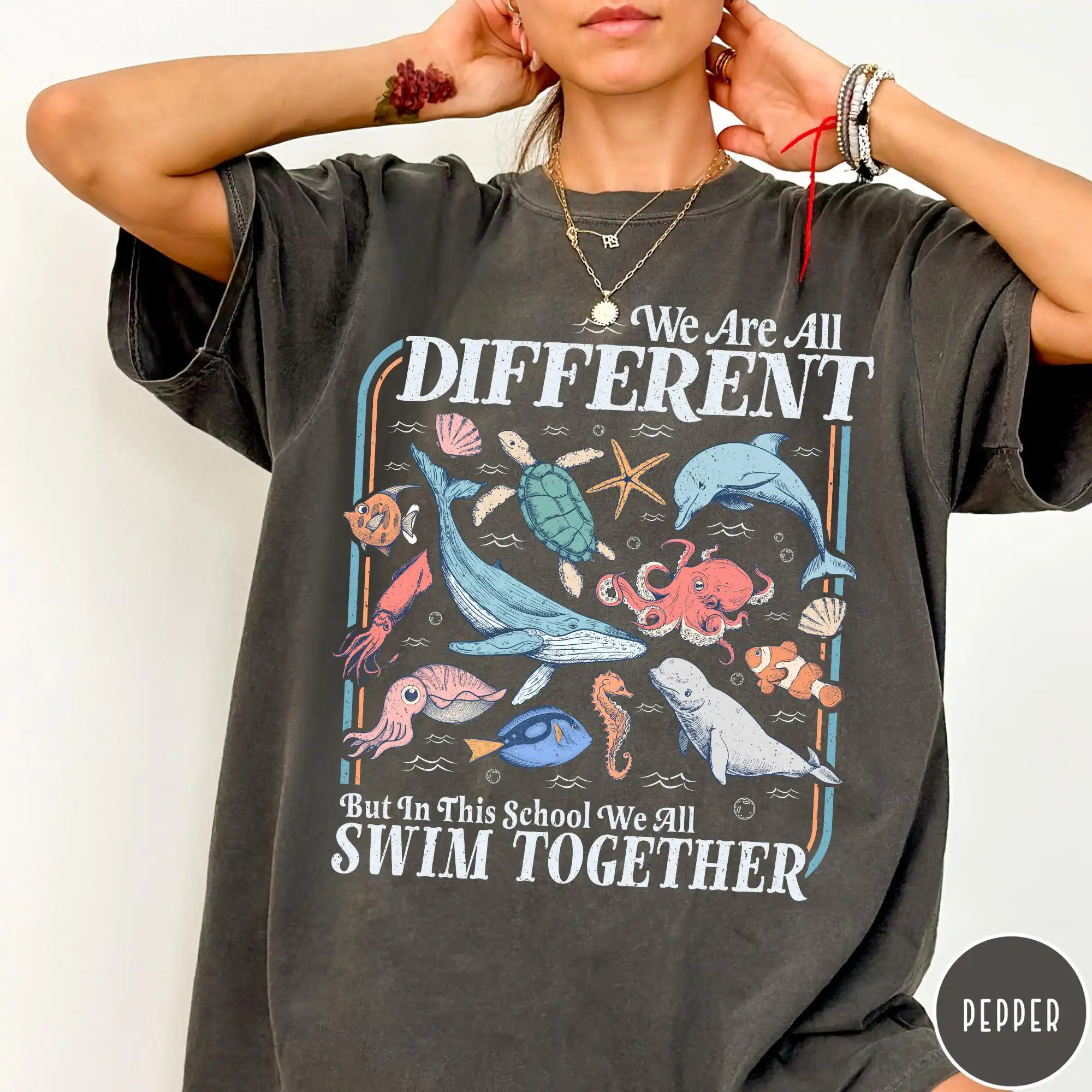 We All Swim Together Teacher School Shirt, Kindness Graphic Tee We All Swim Together Teacher School Shirt, Kindness Graphic Tee