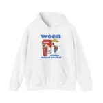 White hoodie mockup with “ween” and “mister richard smoker” cartoon graphic on the front.
