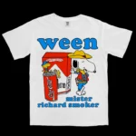 White t-shirt close-up mockup featuring large “ween” text and “mister richard smoker” cartoon design.